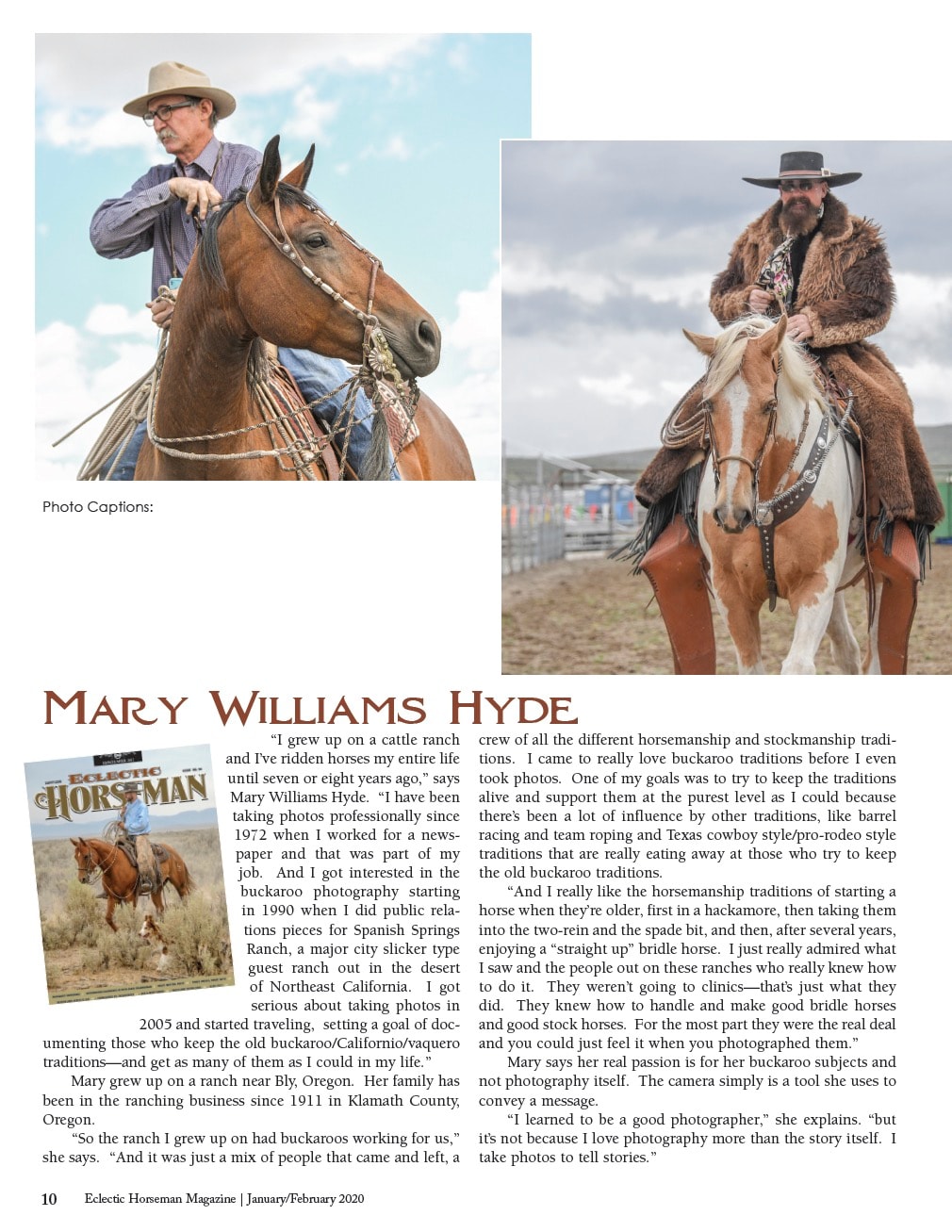 Eclectic Horseman Magazine spread, January/February 2020, featuring Mary Williams Hyde photography