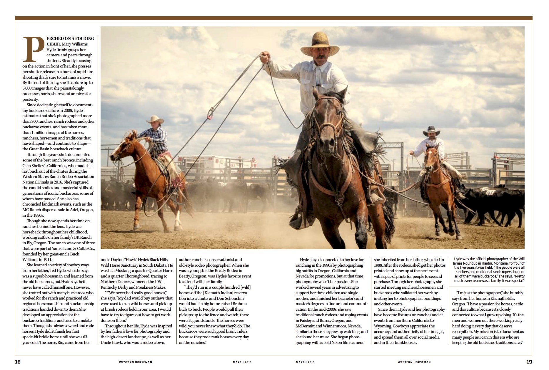 Magazine spread – cowgirl roping cattle at Kutny Ranch near Fields, Oregon, Steens Mountain in background, photographed by Mary Williams Hyde