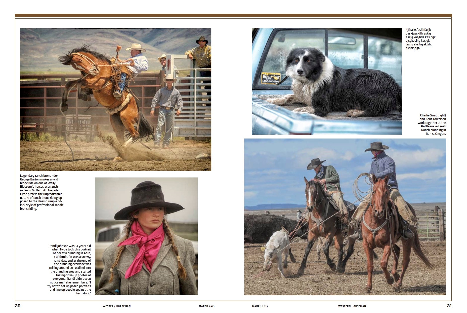 Magazine spread pages 20–21 – bronc rider George Barton, portrait of Randi Johnson, border collie, and cowboys at branding, photographed by Mary Williams Hyde