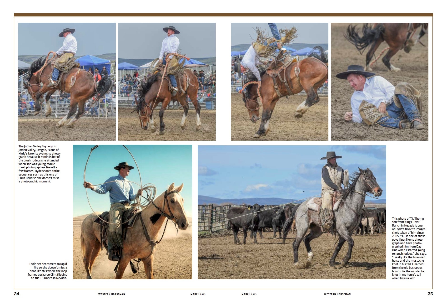 Magazine spread – two cowboys on horses at branding, bronc riding and Tim Maher roping, photographed by Mary Williams Hyde