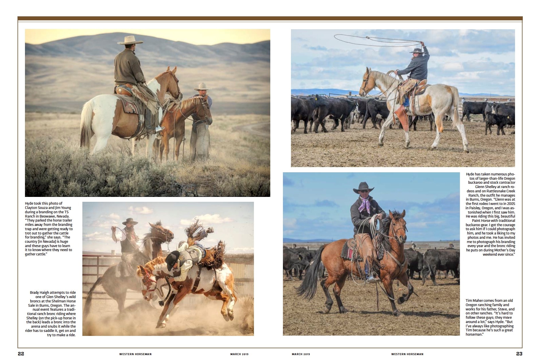 Magazine spread – cowboys herding cattle on ranch, photographed by Mary Williams Hyde