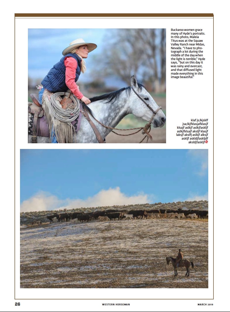Magazine spread – Maleia Titus on gray horse at Squaw Valley Ranch Nevada and snowy cattle drive, photographed by Mary Williams Hyde